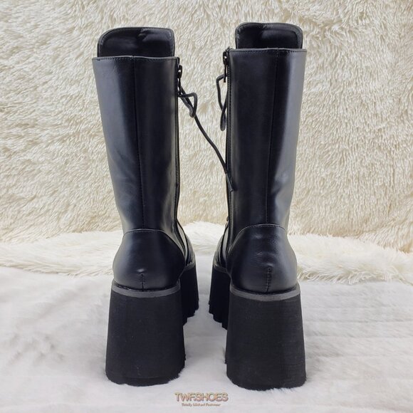 Ashes Black Matte Platform Goth Punk Mid Calf Combat Boots - Picture 8 of 14